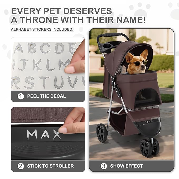 MoNiBloom Foldable Dog Strollers for Small Dogs with Weather Cover, 3 Wheels Pet Strolling Cart for Dogs and Cats with Storage Basket and Cup Holder, Breathable and Visible Mesh for All-Season, Coffee