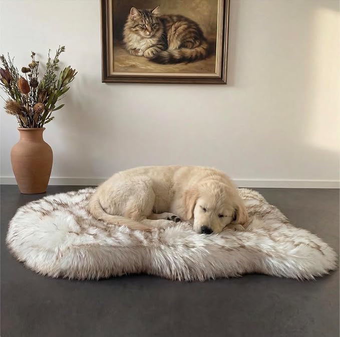Faux Fur Orthopedic Dog Bed, Memory Foam, White w/Brown Tips 40"x25" | Plush Washable Dog Rug with Waterproof Machine Washable Cover, Calming for Anxious Senior Dogs, Relieves Joints - Image 4