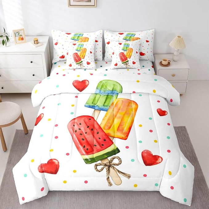 Erosebridal Colorful Polka Dots Bed in A Bag King, Summer Ice Cream and Popsicle Comforter Set with Sheets, Love Heart 7 Pcs Bedding Set, Summer Decor Bed Sets for Kids Boys Girls Teens Bedroom - Image 3