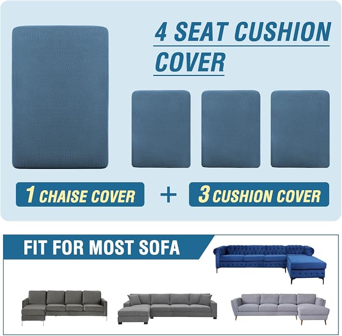 H.VERSAILTEX Sectional Couch Covers 4 Pieces Sofa Seat Cushion Covers L Shape Separate Cushion Couch Chaise Cover for Both Left/Right Sectional Couch (Seat Only: 1 Chaise + 3 Sofa, Dusty Blue) - Image 8