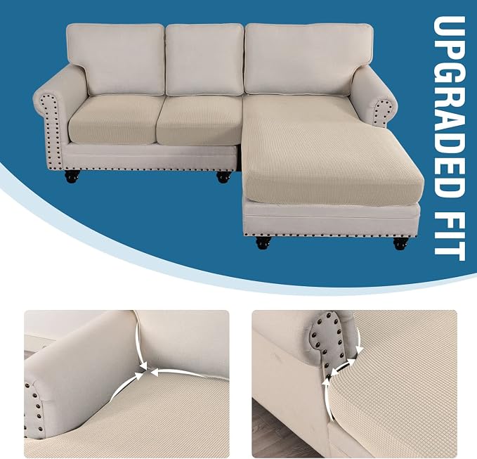 H.VERSAILTEX Sectional Couch Covers 3 Pieces Sofa Seat Cushion Covers L Shape Separate Cushion Couch Chaise Cover for Both Left/Right Sectional Couch (Seat Only: 1 Chaise + 2 Sofa, Natural) - Image 7