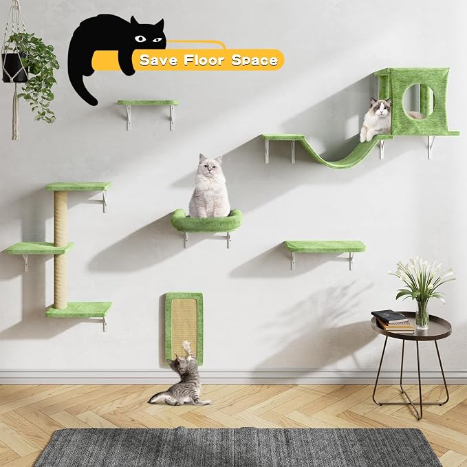 12-in-1 Cat Wall Shelves, Luxury Wall-Mounted Cat Climber Set | with Condos House, Scratching Post, Bridge Ladder, Indoor Space-Saving Furniture for Kittens, Green - Image 6