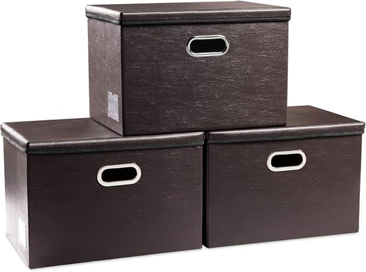 PRANDOM Large Foldable Storage Bins with Lids [3-Pack] Leather Fabric Collapsible Storage Boxes Organizer Containers Baskets Cube with Cover for Home Bedroom Closet Office Brown(17.7x11.8x11.8) by Prandom