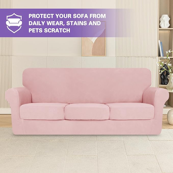 ZNSAYOTX 4 Piece Stretch XL-Sofa Covers (91"-110") for 3 XL Cushion Couch, Thick Couch Cover with Elastic Band Bottom Ties Non-Slip Stay in Place, Soft Durable Oversized Slipcovers, Rose - Image 2