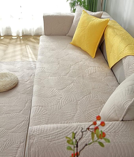 Solid Color Leaf Cotton Quilted Sofa Covers Anti-Slip Soft Sectional Couch Cover Washable Sofa Slipcover for Dogs Cats Pet (Khaki,28''x82'') by Huierxun