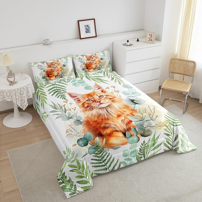 Manfei Kawaii Cat 3 Pcs King Size Comforter Set,Cartoon Kitten Pet Theme Down Alternative Adults Bedroom Decor,Watercolor Floral Flower Ultra Soft Microfiber Inner Fill 3Pcs Bedding - Image 3