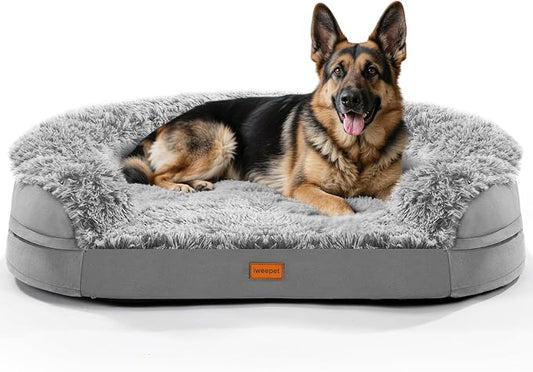 iweepet Fluffy Calming Jumbo Orthopedic Dog Beds for Extra Large Dogs, Supportive Dog Sofa Bed with 3.7 inch 28D Egg-Crate Foam, Removable Washable Plush Cover, Waterproof Lining, 48’’,Grey by iweepet