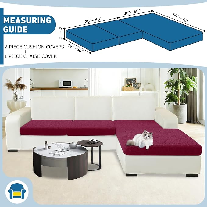 MAXIJIN Waterproof Sectional Couch Cover 3 Pieces Stretch Couch Cushion Covers for Sectional Sofa L Shape Seat Slipcovers with Elastic Bottom for Dogs Pets (2 Seater + 1 Chaise, Wine Red) - Image 2