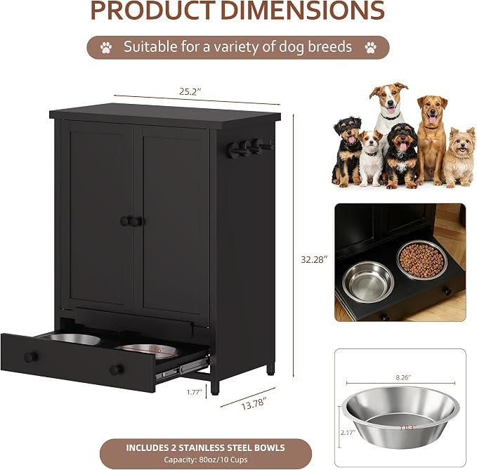 Dog Feeding Station with Storage, Metal Dog Food Storage Cabinet with 2 Elevated Bowls and 3 Hooks, Pet Feeding Station and Food Storage Organizer, Black - Image 3