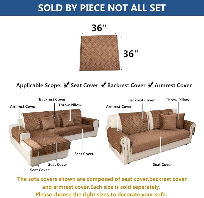 Eismodra Couch Cover,Sectional Couch Covers,Sofa Covers for 3 Cushion Couch,Anti-Slip Sofa Slipcovers for Dogs Cats Kids Loveseat Recliner L Shaped Armrest Backrest,Brown 36''x36''(Only 1 Piece) - Image 5