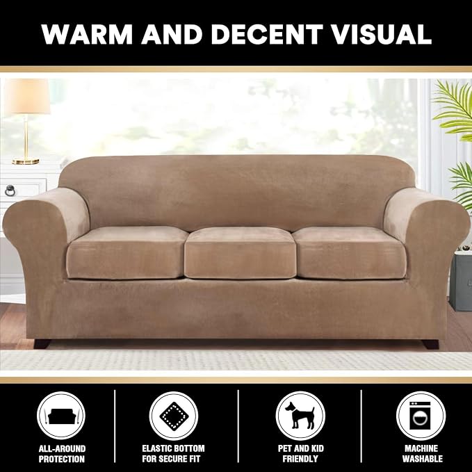 PrinceDeco Velvet Couch Covers for Sofa Soft 4 Pieces Couch Covers for 3 Cushion Couch Sofa Pet Friendly Furniture Protector with Non Slip Elastic Bottom Width Up to 90 Inch (Large, Camel) - Image 6
