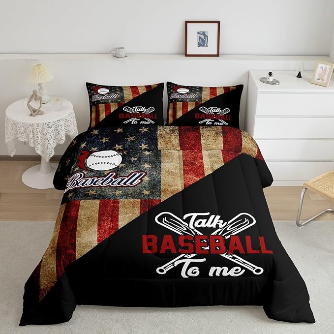 Baseball Boys Comforter Set Full Size,American USA Flag Retro Bedding Set,Kids Girls Adults Bedroom Decor,Baseball Bats Sport Games Down Comforter,Black Splicing Duvet Insert,3pcs,2 Pillowcases - Image 4