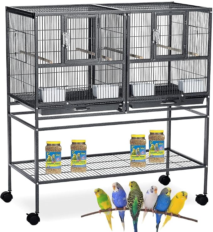 Single Stack Sturdy Wrought Iron Combo Breeding Stacker Center Divided Breeder Bird Flight Double Rolling Cage with Side Breeding Nest Door by Mcage