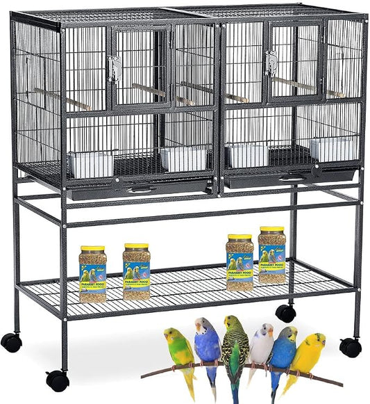 Single Stack Sturdy Wrought Iron Combo Breeding Stacker Center Divided Breeder Bird Flight Double Rolling Cage with Side Breeding Nest Door by Mcage