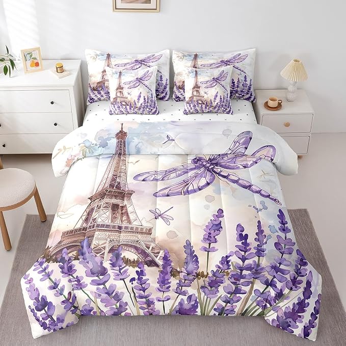 Feelyou Eiffel Tower Twin Size Comforter Set with Sheets Paris 7 Piece Bedding Set for Kids Girls Teens Toddler Purple Dragonfly Bed in a Bag Romantic Art Bed Set - Image 3