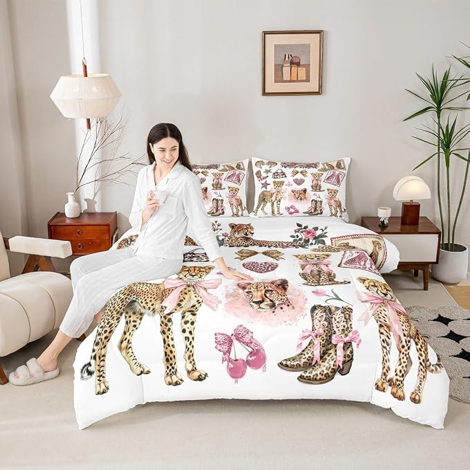 Manfei Cartoon Cheetah Boots Comforter Set Full Size,Girly Bow Cute Bedding Set for Kids Girls Boys Room Decor,Modern Fashion Leopard Soft Duvet Insert for All Season,2 Pillowcase,Pink White Brown - Image 3