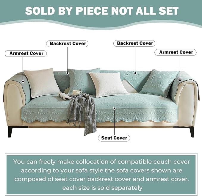 Leaf Floral Cotton Quilted Dog Couch Cover for Sofa Farmhouse Rustic Embroidered Sectional Couch Cover Soft Anti-Slip Sofa Slipcover Furniture Protector for Kids, Pets (Blue,43"x70") - Image 2