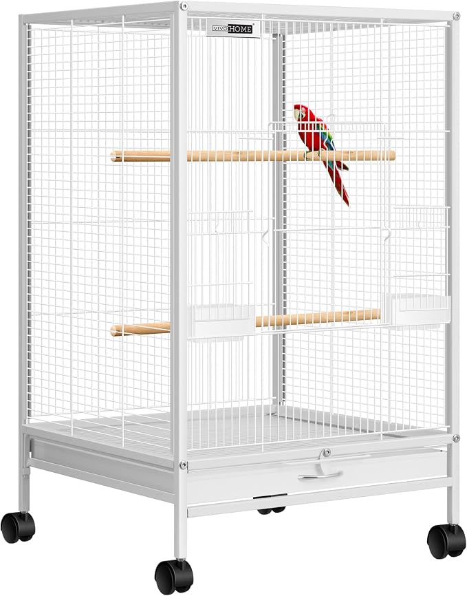 VIVOHOME Wrought Iron Bird Cage with Rolling Stand, 30 Inch Height | Standing Bird Flight Cage with Casters, Slide-out Tray for Parakeets Cockatiels Lovebirds Canaries Finches Conures, Whtie by VIVOHOME