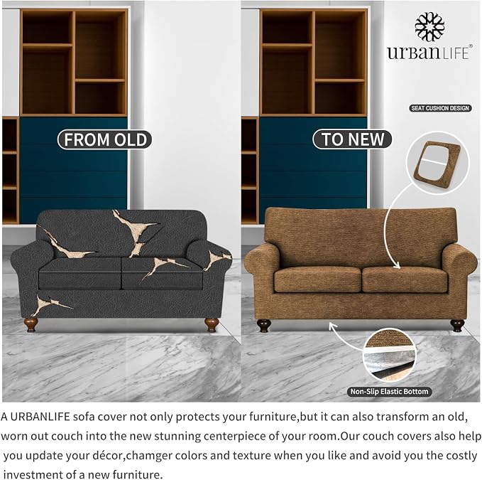 URBANLIFE 3-Piece Stretch Sofa Covers for 2 Cushion Couch, Brown | Super fitted spandex slipcovers for couches. Non-slip elastic bottom. Machine washable furniture protector for kids & pets. - Image 5