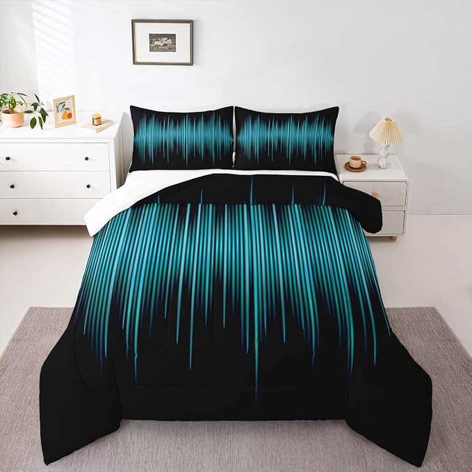 Geometric Abstract Kids Comforter Set Twin Size,Blue Gradient Striped Lines Bedding Set,Boys Girls Adults Bedroom Decor,Modern Fashion Down Comforter,Black Simple Duvet Insert,2pcs,1 Pillowcase - Image 5