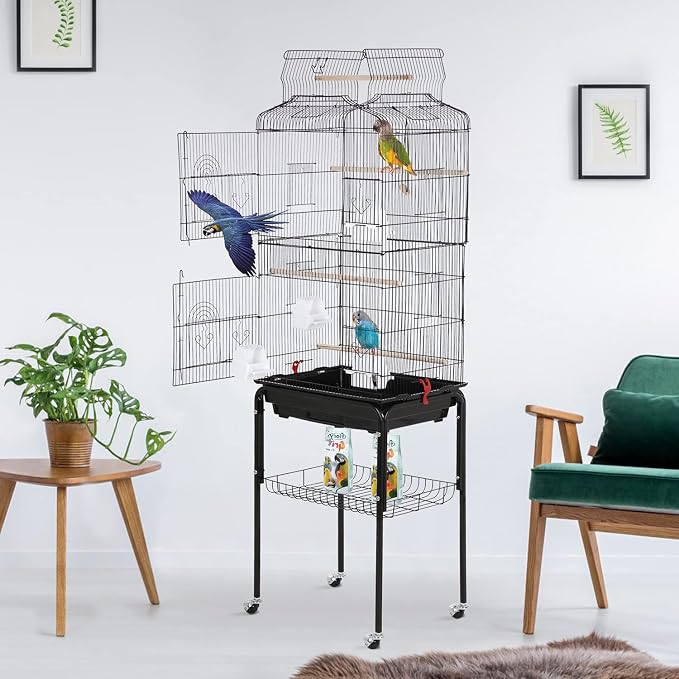 BestPet 64 inch Wrought Iron Bird Cage for Parakeets Medium Small Parrots Parakeet Cage with Detachable Rolling Stand & Play Open Top for Cockatiels Lovebird Finches Canaries (Black) - Image 2