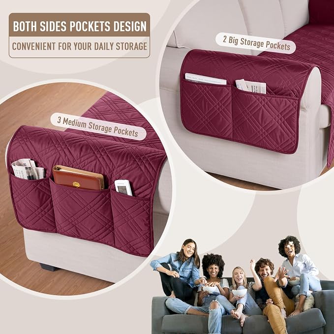 TAOCOCO Waterproof Couch Covers for Pets Dogs with Non Slip Backing, Sofa Seat Covers with Side Pocket for 3 Cushion Couch Washable Dog Couch Cover Protector Sofa Slipcovers(Sofa, Wine) - Image 5