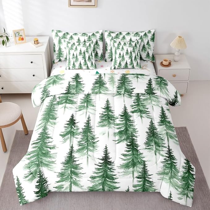 Erosebridal Green Christmas Twin Comforter Set with Sheets 7 Piece Winter Forest Pine Tree Bed in A Bag Merry Christmas Tree Theme Bedding Sets for Women Men New Year Holiday Xmas Bed Set by Erosebridal