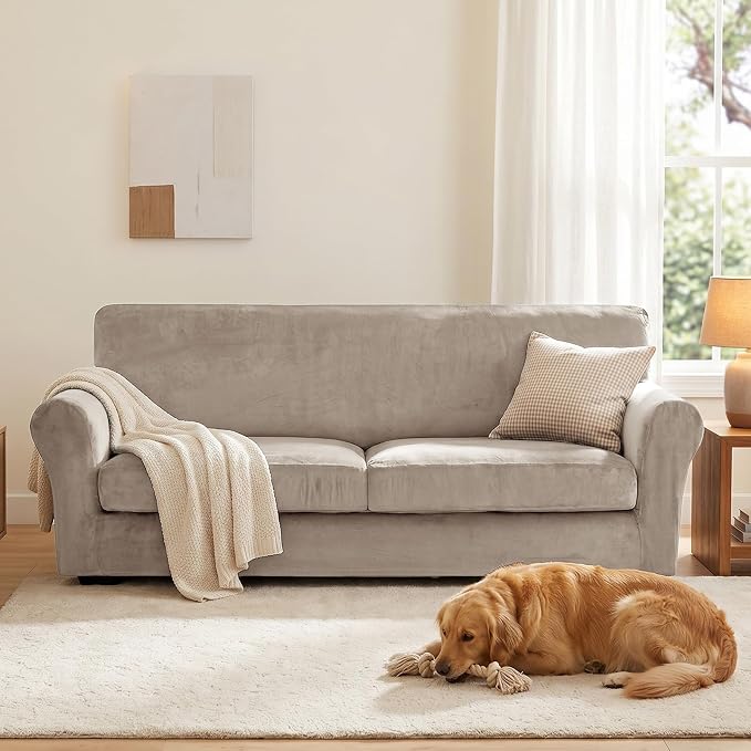 XINEAGE 3-Piece Velvet Sofa Cover,Couch Covers for Dog,Khaki | 2 Cushion Sofa,Stretch Non-slip Elastic, Pet-friendly, Washable, Fast Setup, Soft Plush Fabric, Furniture Protector. - Image 4