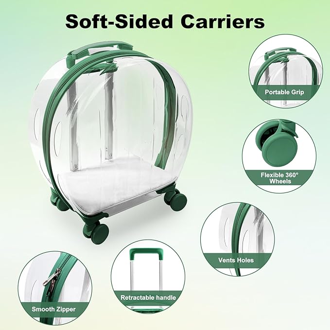 Pet Carrier with Wheels - Transparent PC Material, Sturdy and Breathable Design, Convenient Handle, Suitable for Cats and Dogs (Green)