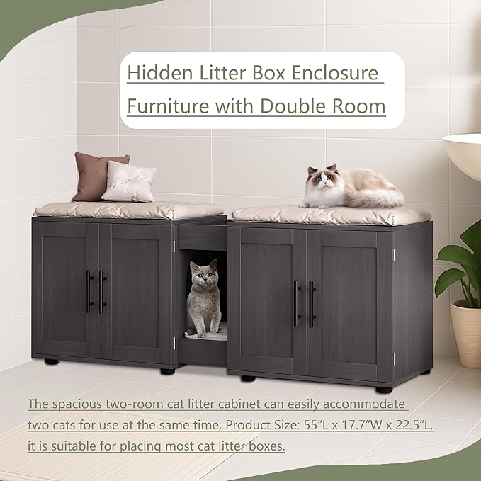 3-in-1 Cat Litter Box Enclosure for 2 Cats, 55 Inch Large Hiddden Litter Box Enclosure Furniture with Double Rooms, Farmhouse Wooden Cat Washroom for Bedroom Living Room, White - Image 5