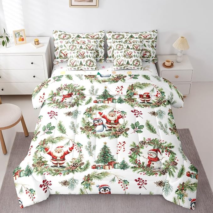 Erosebridal Christmas Santa Claus Bed in A Bag 7 Pcs Cute Penguin Snowman Comforter Set Green Xmas Berry Tree Bedding Sets Queen Berry Branches Holiday Wreath Sheet Set with Comforter Green Christmas - Image 4