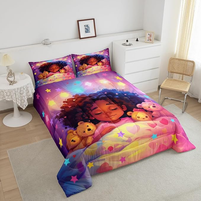Manfei Black Cute Girl Twin Size Comforter Set,Kawaii Sleeping Kid Cartoon Toy Duvet Set Soft Bed Collection,Neon Colorful Stars Dreamy Starry Night Bedding Comforter for Kids Adults Bedroom,2 Pcs - Image 3