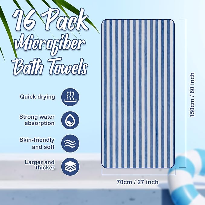 SmoothNovelty 16 Pack Microfiber Bath Towels Bulk 27'' x 60'' Oversized Size Bath Towel Highly Absorbent Extra Large Soft Drying for Beach Shower Summer Salon Sport Gym Party (Stripes,Haze Blue) - Image 2
