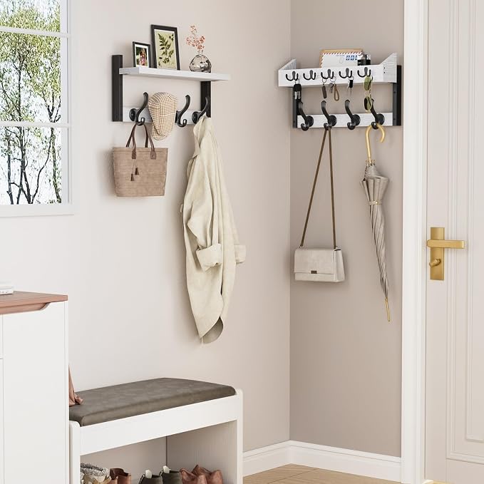 Evermagin 35" Coat Rack Wall Mount with Shelf for Entryway, White | Wall Mounted Coat and Key Rack with Hooks, Key Holder with Mail Organizer for Wall, Living Room, Mudroom, Bedroom - Image 3