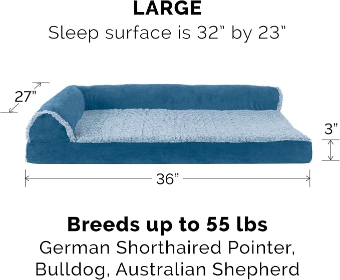 Furhaven Orthopedic Dog Bed for Large/Medium Dogs w/ Removable Bolsters & Washable Cover, For Dogs Up to 55 lbs - Two-Tone Plush Faux Fur & Suede L Shaped Chaise - Marine Blue, Large - Image 3