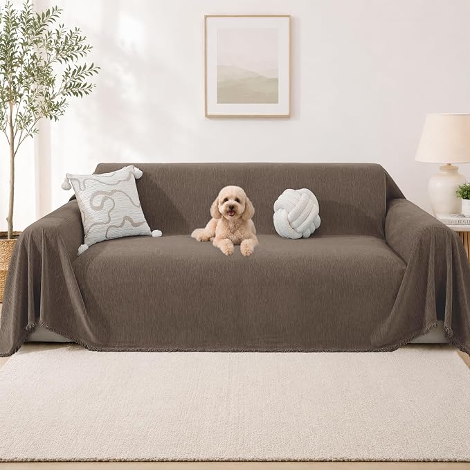 Chenille Couch Cover for Dogs, Boho Sofa Cover Washable Couch Cover, 3 Cushion Sofa Cover, Pet Throw Blankets for Couches with Tassel Furniture Protector Covers,71"×150",Coffee by YSTELLAA