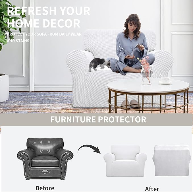Easy-Going Stretch Oversized Chair Slipcover with Arm Washable Snow White | 1-Piece Large chair covers armchair Furniture Protector for Living Room chair and a half cover Soft For Kids, Pet. - Image 4