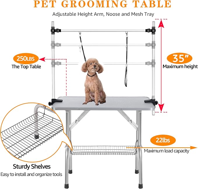 Professional Dog Pet Grooming Table Adjustable Heavy Duty Portable w/Arm & Noose & Mesh Tray (Grey, 36") - Image 2
