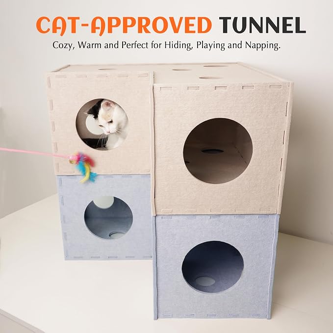 PETKARAY Cat Tunnel, Original Cat Hideaway Cave for Indoor Cats, Large Kitten Play Tubes and Tunnels, Soft Felt Cat Toy with Interactive Peek Hole, Grey L Shape - Image 6