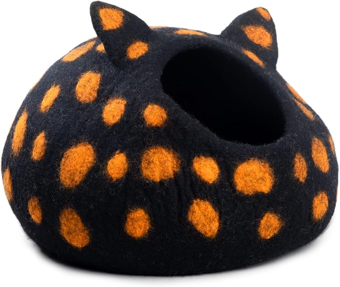 Wool Cat Cave Bed - Extra Warm, Handcrafted, Eco-Friendly Felt Cat Cave for Indoor Cats and Kittens (White Polka) by Woolygon (Black Polka) - Image 4