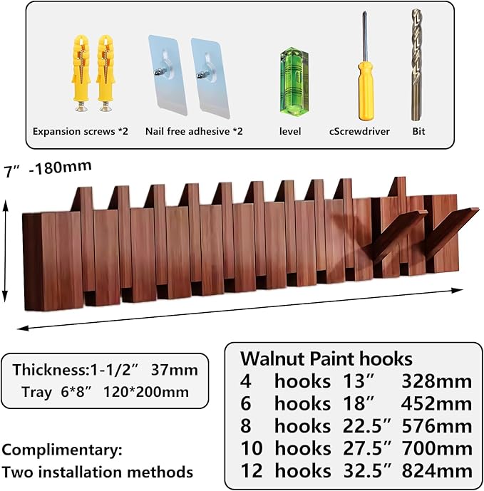 Wall Mounted Piano Key Solid Wood Hanger, Suitable for Wardrobes, Kitchens, Bedrooms, Bathrooms, Entrances (Walnut, 4 Hooks) - Image 2