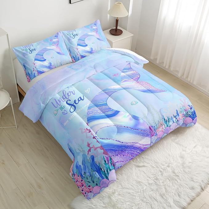 Nttopship Mermaid Princess Comforter Sets King Size for Boys Girls Bedding Set Sea Beach Ocean Blue Bedroom 1 Comforter with 2 Pillowcases - Image 3
