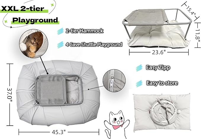 XxingSheep 2-Tier Cat Tunnel & Hammock Bed XXL, 4 Cave Shuttle with Elevated for Multiple Cats Toy Light Grey - Image 6