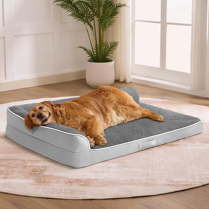 Dog Bed Large Sized Dogs, XXL Orthopedic Dog Bed for Large Dogs, Waterproof Pet Bed with Washable Removable Cover, L-Shaped Pet Couch with Portable Handle 48"x35"x7.5", Grey Flannel by Aeroluxe