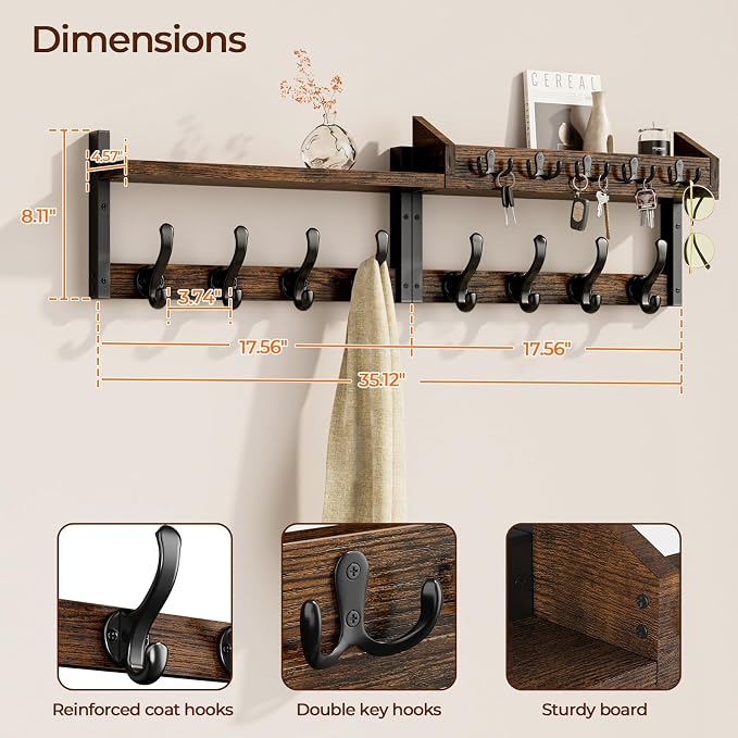 Evermagin 35" Coat Rack Wall Mount with Shelf for Entryway, Rustic Brown | Wall Mounted Coat and Key Rack with Hooks, Key Holder with Mail Organizer for Wall, Living Room, Mudroom, Bedroom - Image 2