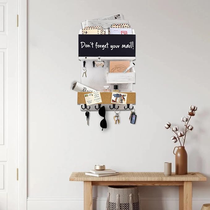 Mail Organizer Wall Mount，Key Holder Mail and Key Organizer for Wall with Shelf, Chalkboard, Corkboard, Home Decor for Room Office Entryway(Ivory White) - Image 7