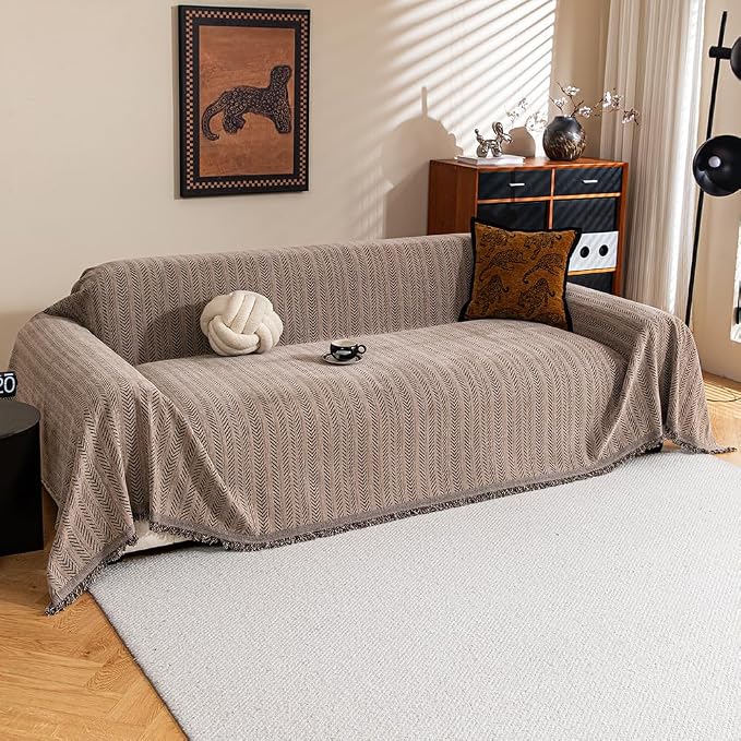 Sofa Covers for 3 Cushion Couch Seat, Loveseat Non Slip Couch Cover Chenille Strip Couch Throw Blankets with Tassel, Sectional Sofa Slipcover Furniture Protector for Pets, Kids 71"x134", Light Brown by BEDDING