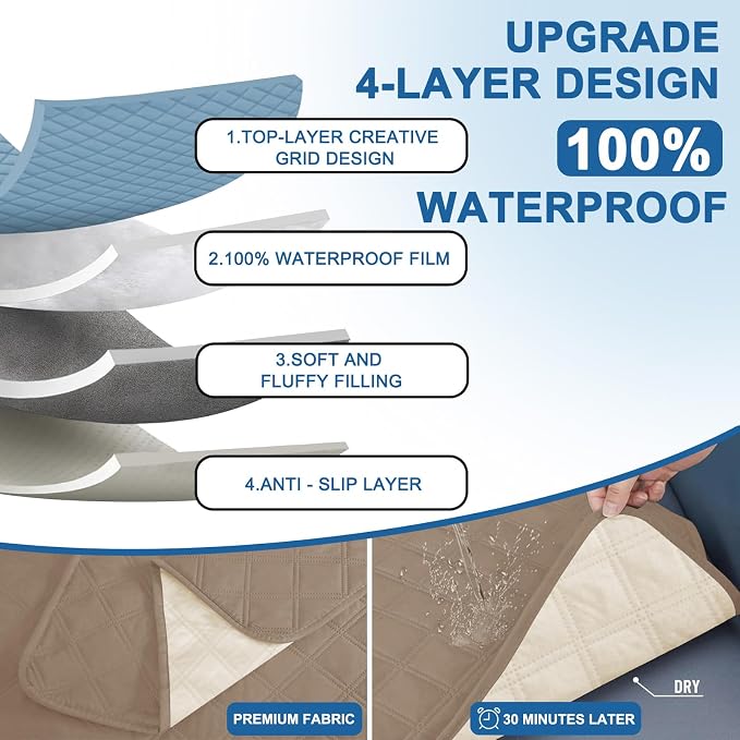 Waterproof Couch Cover for Pets, Sofa Covers for 3 Cushion Couch Washable, Non Slip Couch Covers for Dogs with Side Pockets Elastic Straps, Quilted Couch Covers for Sofa (Sofa, Light Brown) - Image 4