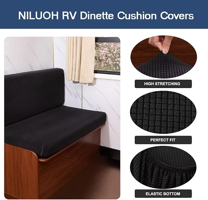 NILUOH RV Dinette Cushion Covers,Jacquard Camper Cushion Slipcovers Replacement Sofa Cushions Washable Loveseat Slipcovers for Travel Trailer Couch (2 Bench Cover & 2 Backrest Cover, Black) - Image 2
