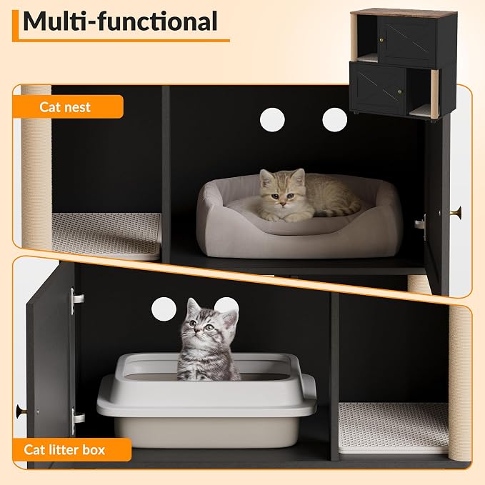 Litter Box Cabinet, Hidden Cat Litter Box Furniture with Dual Compartments, Odor Control & Scratch-Resistant Panels, Compact Enclosure for Multiple Cats, White Black Grey - Image 3
